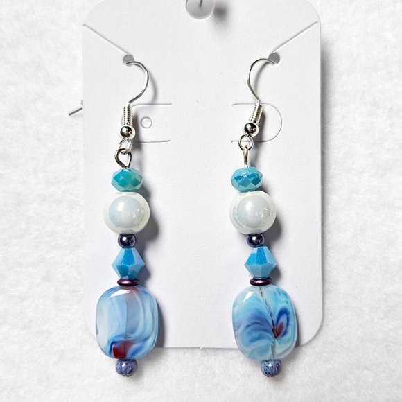 J45 Handmade Beaded Blue and Purple Dangle Earrings - Picture 3 of 3
